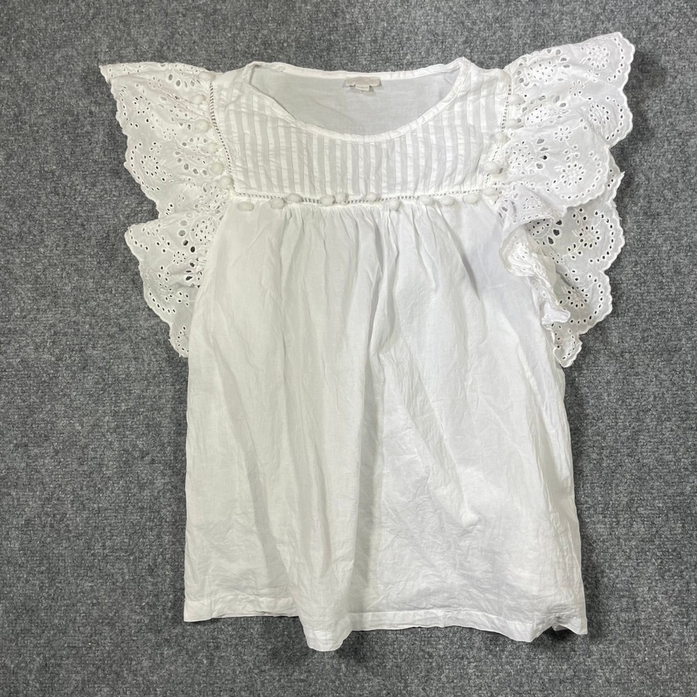 Jennifer Grace Blouse Sz Medium White Eyelet Lace Flutter Sleeve Peasant Prairie